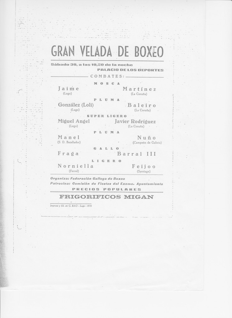 Cartel antiguo de una velada promovida por el Ayuntamiento de Lugo con el patrocinio de Frigorifica Frigam en el Pabellón de Deportes de la ciudad amurallada.