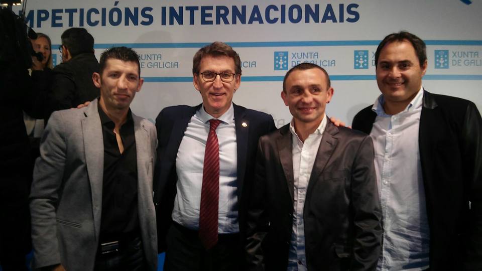 El presidente feijoo recibió a los deportistas gallegos destacados en el plano internacional. Juan Zapata, Valery yanchy y Chano Planas en la recepción institucional. foto Promosport.