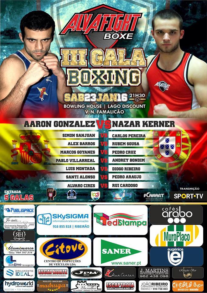 Cartel de la velada internacional de Braga con el combate principal entre AARÓN GONZÁLEZ Y NAZAR KERNER.