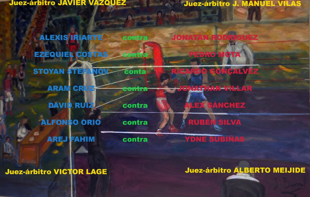 Montaje con la terna arbitral y los nombres de los contendientes en el II Trofeo C.P Saudade. Juan Barral