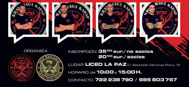 Los Maestros Gallegos de Krav Maga Pablo Castelo, Oscar López, Juan Carlos Piquer y Manuel Antelo, prestarán su ayuda y colaboración durante la celebración del interesante Seminario. Cartel Promocional corteswa de Pablo Din Mak.