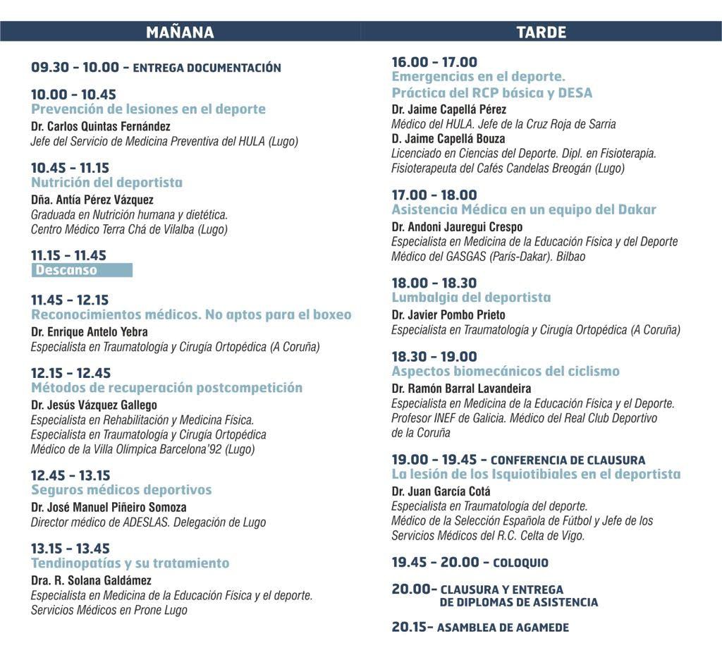Horarios de las XXVII Jornadas de Medicina del Deporte ( AGAMEDE )