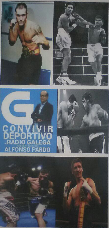 Montaje fotográfico del logotipo del programa de Radio Galega que presenta Alfonso Pardo, con las imágenes de las figuras del boxeo que estarán invitadas a la tertulia radiofónica sobre el deporte de los guantes. foto cedida por Sergio Seco.