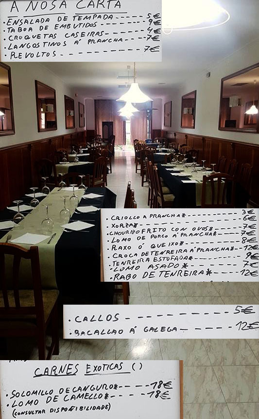 Detalles de la carta y menús que se pueden degustar en el comedor del Bar restaurante Os Peares. Cedida.