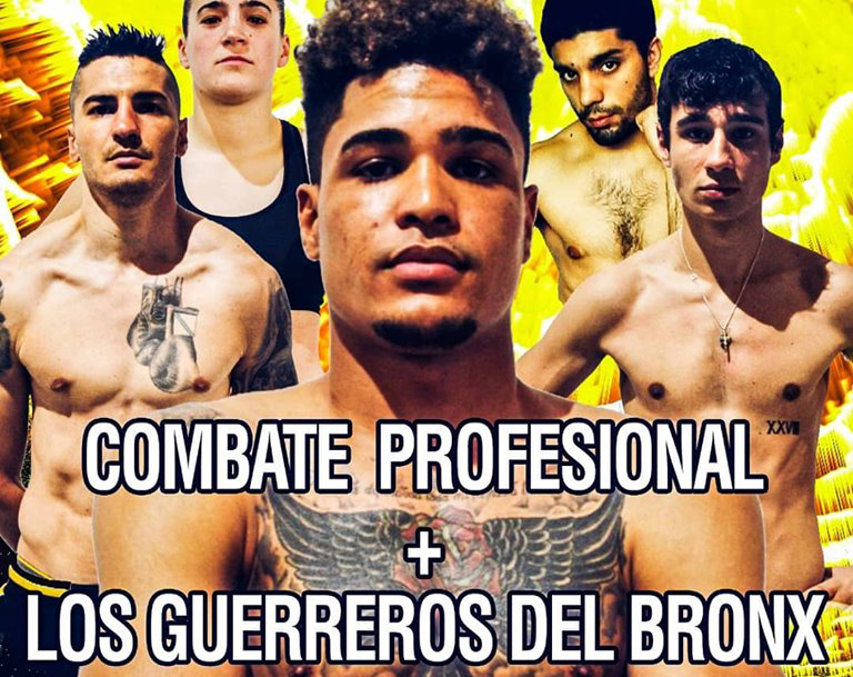 Detalle del cartel anunciador con los rostros de 5 de los protagonistas del evento boxístico del día 22 en Bouzas.